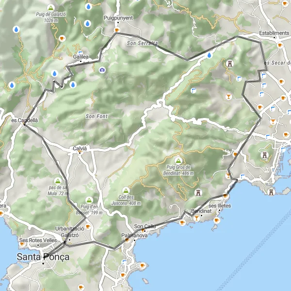 Miniaturní mapa "Kulturní okružní cesta směrem k Galilea a Palmanova" inspirace pro cyklisty v oblasti Illes Balears, Spain. Vytvořeno pomocí plánovače tras Tarmacs.app