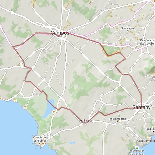 Karten-Miniaturansicht der Radinspiration "Gravel-Tour durch Campos und sa Sorda" in Illes Balears, Spain. Erstellt vom Tarmacs.app-Routenplaner für Radtouren