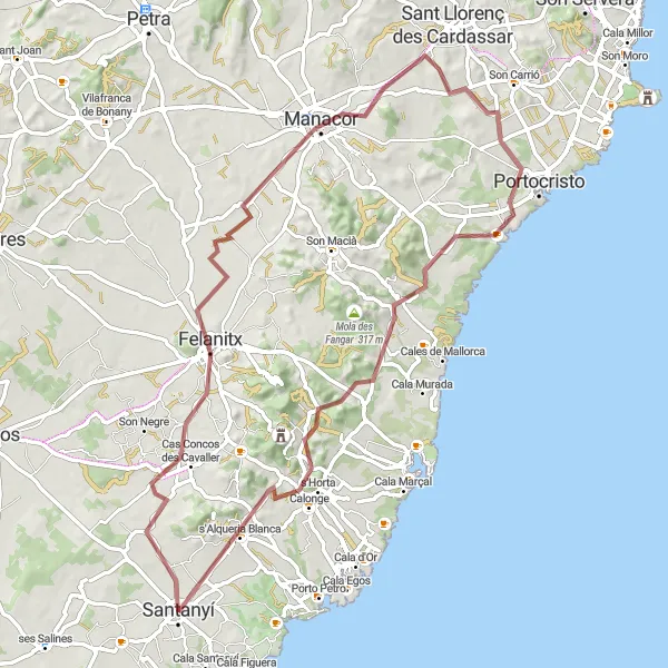 Miniatura mapy "Trasa rowerowa: Santanyí - sa Mola - Felanitx - Manacor - Puig de Son Galiana - Puig de na Mancada - Cala Anguila-Cala Mendia - Puig de sa Talaia - s'Horta" - trasy rowerowej w Illes Balears, Spain. Wygenerowane przez planer tras rowerowych Tarmacs.app