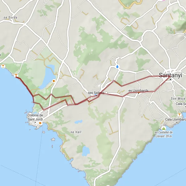 Map miniature of "Santanyí Gravel Coastal Ride" cycling inspiration in Illes Balears, Spain. Generated by Tarmacs.app cycling route planner
