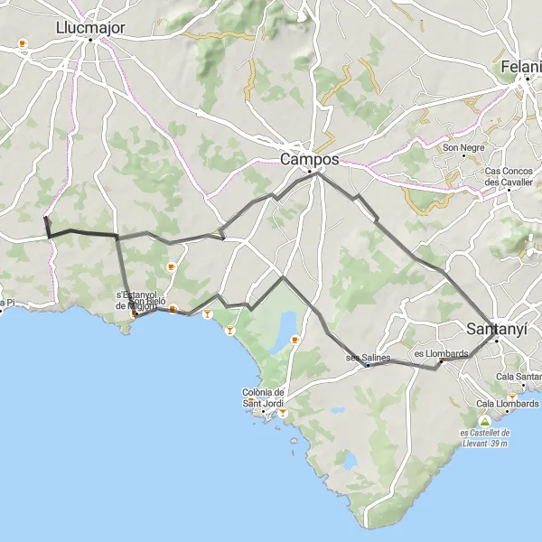 Miniatura della mappa di ispirazione al ciclismo "Giro in bicicletta da Santanyí" nella regione di Illes Balears, Spain. Generata da Tarmacs.app, pianificatore di rotte ciclistiche