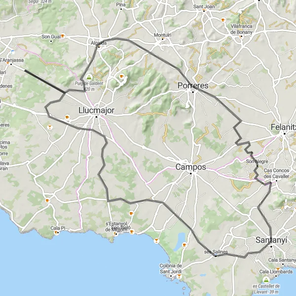 Miniatura della mappa di ispirazione al ciclismo "Giro in bicicletta da Santanyí - Strada" nella regione di Illes Balears, Spain. Generata da Tarmacs.app, pianificatore di rotte ciclistiche