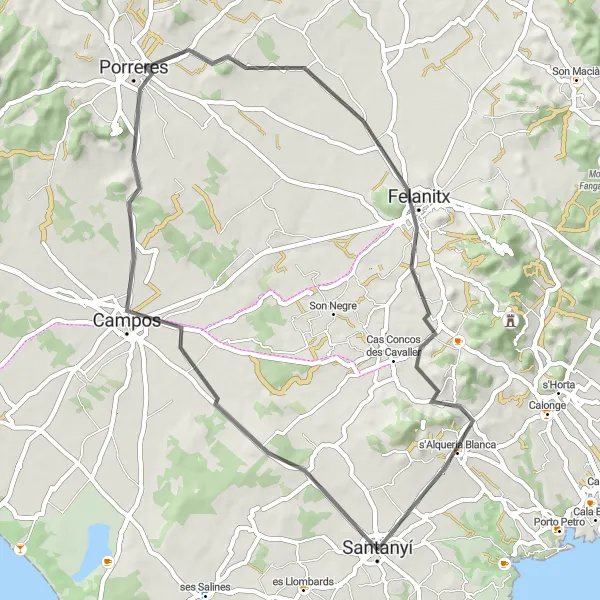Miniatura della mappa di ispirazione al ciclismo "Giro in bicicletta da Santanyí a Campos" nella regione di Illes Balears, Spain. Generata da Tarmacs.app, pianificatore di rotte ciclistiche