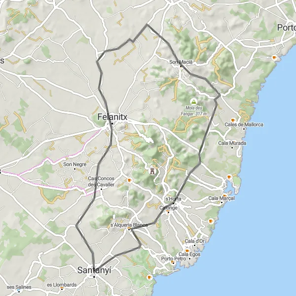Map miniature of "Santanyí to Porreres" cycling inspiration in Illes Balears, Spain. Generated by Tarmacs.app cycling route planner
