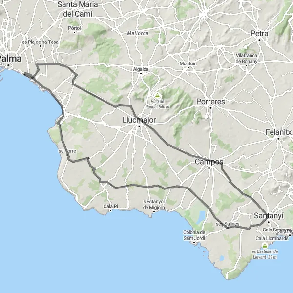 Miniatura mapy "Wycieczka rowerowa Santanyí - ses Salines - Capocorb Vell - Les Meravelles - Mirador Bartomeu Gomila - S'Aranjassa - Llucmajor - Campos - Santanyí" - trasy rowerowej w Illes Balears, Spain. Wygenerowane przez planer tras rowerowych Tarmacs.app