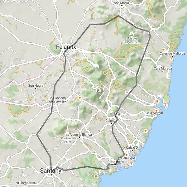 Miniatura mapy "Trasa rowerowa: Santanyí - sa Mola - Mola des Fangar - Puig de sa Talaia - Cala Egos - Parc natural de Mondragó" - trasy rowerowej w Illes Balears, Spain. Wygenerowane przez planer tras rowerowych Tarmacs.app