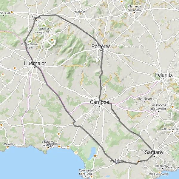 Miniaturní mapa "Poutnícký okruh kolem Santanyí" inspirace pro cyklisty v oblasti Illes Balears, Spain. Vytvořeno pomocí plánovače tras Tarmacs.app