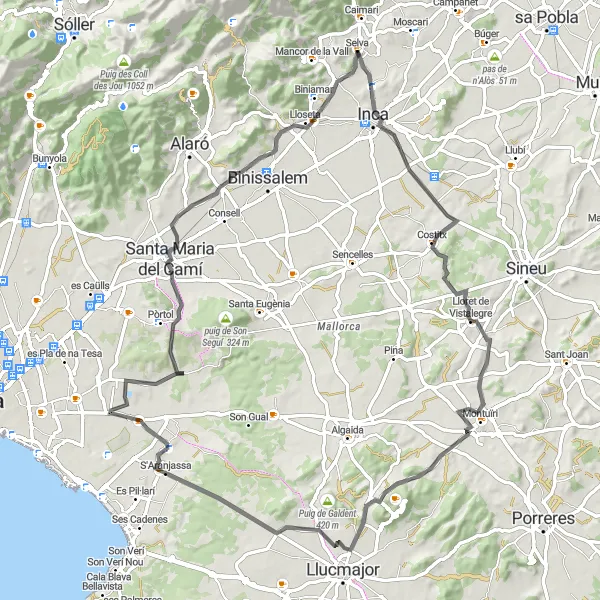 Miniatua del mapa de inspiración ciclista "Ruta Ciclista a Lloret de Vistalegre y Santa Maria del Camí" en Illes Balears, Spain. Generado por Tarmacs.app planificador de rutas ciclistas