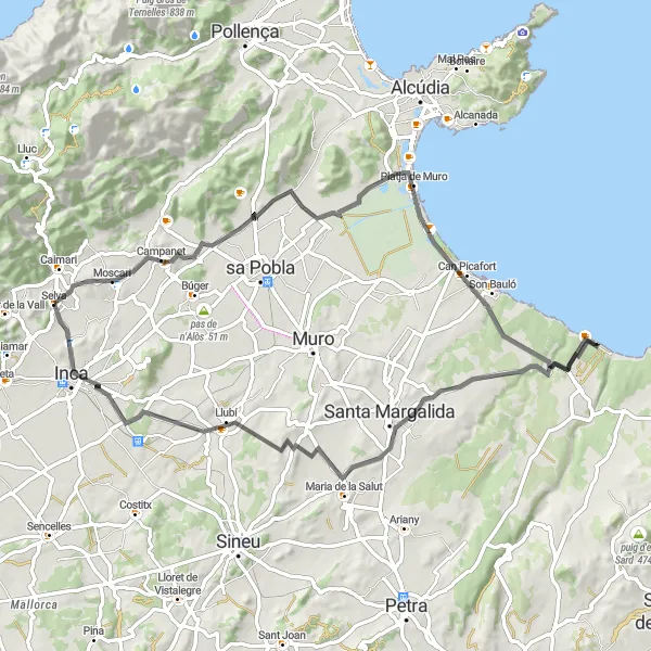 Miniatua del mapa de inspiración ciclista "Ruta ciclista de ida y vuelta desde Selva a Moscari, Puig de son Corró, Es Canal Gran, Can Picafort, Santa Margalida e Inca" en Illes Balears, Spain. Generado por Tarmacs.app planificador de rutas ciclistas