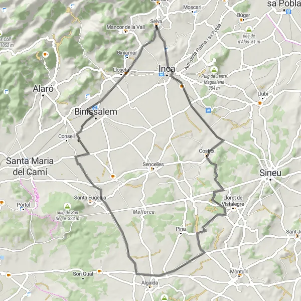 Map miniature of "Lloret de Vistalegre Loop" cycling inspiration in Illes Balears, Spain. Generated by Tarmacs.app cycling route planner