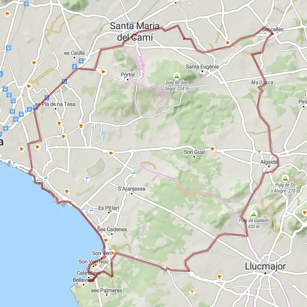 Miniatura della mappa di ispirazione al ciclismo "Tour ciclistico tra Maiorca e Santa Maria del Camí" nella regione di Illes Balears, Spain. Generata da Tarmacs.app, pianificatore di rotte ciclistiche