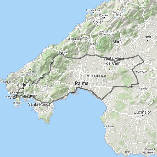Karten-Miniaturansicht der Radinspiration "Herausfordernde Roadbike-Tour mit Start in Sencelles" in Illes Balears, Spain. Erstellt vom Tarmacs.app-Routenplaner für Radtouren