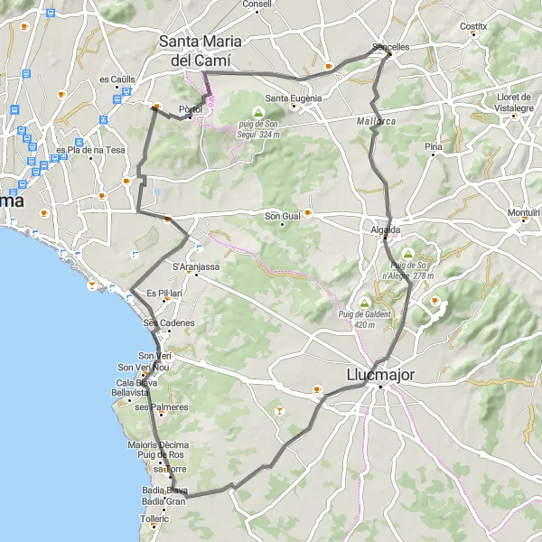 Miniaturní mapa "Road cycling tour through Algaida and Son Verí Nou" inspirace pro cyklisty v oblasti Illes Balears, Spain. Vytvořeno pomocí plánovače tras Tarmacs.app