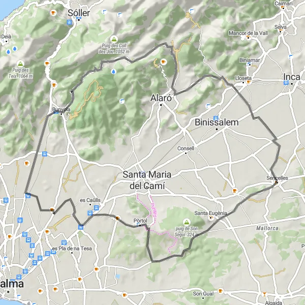 Miniature de la carte de l'inspiration cycliste "Route pittoresque vers Alaró" dans la Illes Balears, Spain. Générée par le planificateur d'itinéraire cycliste Tarmacs.app
