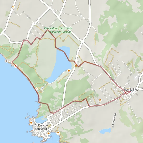 Miniaturní mapa "Okruh kolem ses Salines na štěrkových cestách 2" inspirace pro cyklisty v oblasti Illes Balears, Spain. Vytvořeno pomocí plánovače tras Tarmacs.app