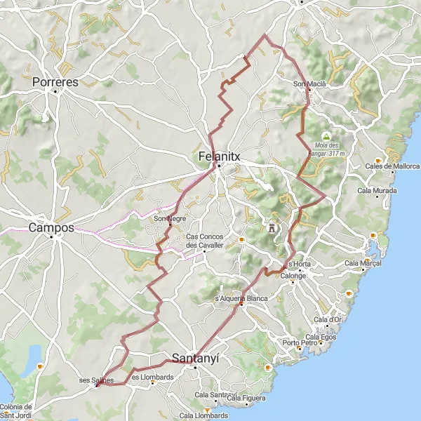 Map miniature of "Exploring Gravel Paths: Ses Salines to Santanyí" cycling inspiration in Illes Balears, Spain. Generated by Tarmacs.app cycling route planner