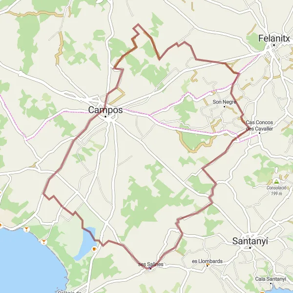 Miniaturní mapa "Gravelová cesta k Banys de sa Font Santa" inspirace pro cyklisty v oblasti Illes Balears, Spain. Vytvořeno pomocí plánovače tras Tarmacs.app
