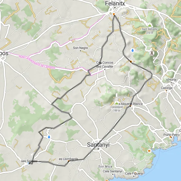 Miniatua del mapa de inspiración ciclista "Ruta de carretera: Ses Salines - Felanitx - Santanyí" en Illes Balears, Spain. Generado por Tarmacs.app planificador de rutas ciclistas