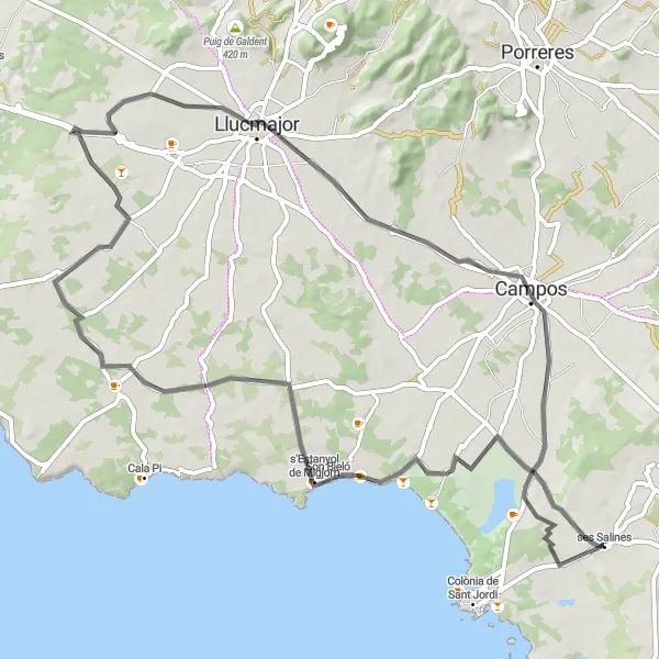 Miniatua del mapa de inspiración ciclista "Ruta de carretera: Ses Salines - Llucmajor - Campos" en Illes Balears, Spain. Generado por Tarmacs.app planificador de rutas ciclistas