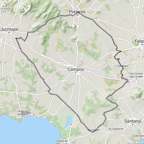 Miniature de la carte de l'inspiration cycliste "Tour en Roadbike près de ses Salines" dans la Illes Balears, Spain. Générée par le planificateur d'itinéraire cycliste Tarmacs.app