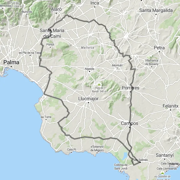 Miniatua del mapa de inspiración ciclista "Ruta de carretera: Ses Salines - Campos - Lloret de Vistalegre" en Illes Balears, Spain. Generado por Tarmacs.app planificador de rutas ciclistas