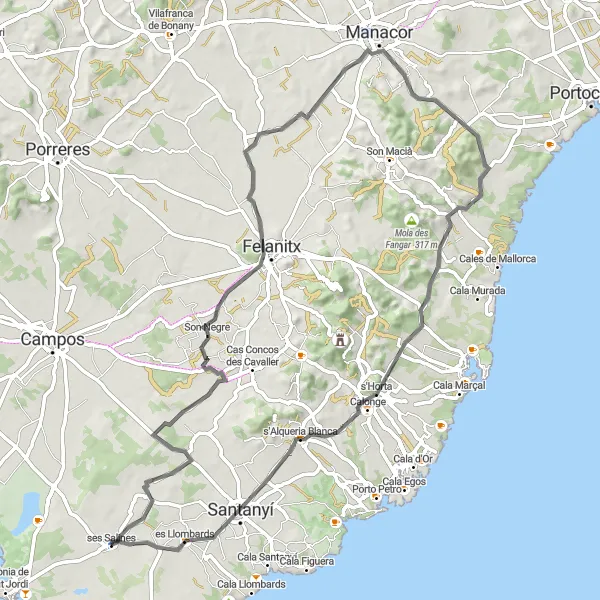 Miniaturní mapa "Okruh ses Salines - sa Mola - Felanitx - Torre de ses Puntes - s'Horta - Puig de sa Talaia - Santanyí" inspirace pro cyklisty v oblasti Illes Balears, Spain. Vytvořeno pomocí plánovače tras Tarmacs.app