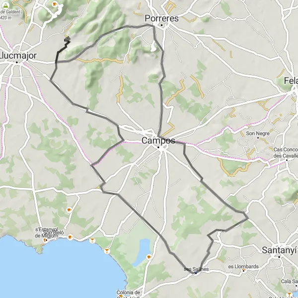 Karten-Miniaturansicht der Radinspiration "Rundweg von sa Sorda nach ses Salines und zurück" in Illes Balears, Spain. Erstellt vom Tarmacs.app-Routenplaner für Radtouren