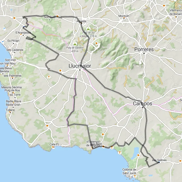 Karten-Miniaturansicht der Radinspiration "Rundweg von s'Estanyol de Migjorn nach Banys de sa Font Santa" in Illes Balears, Spain. Erstellt vom Tarmacs.app-Routenplaner für Radtouren