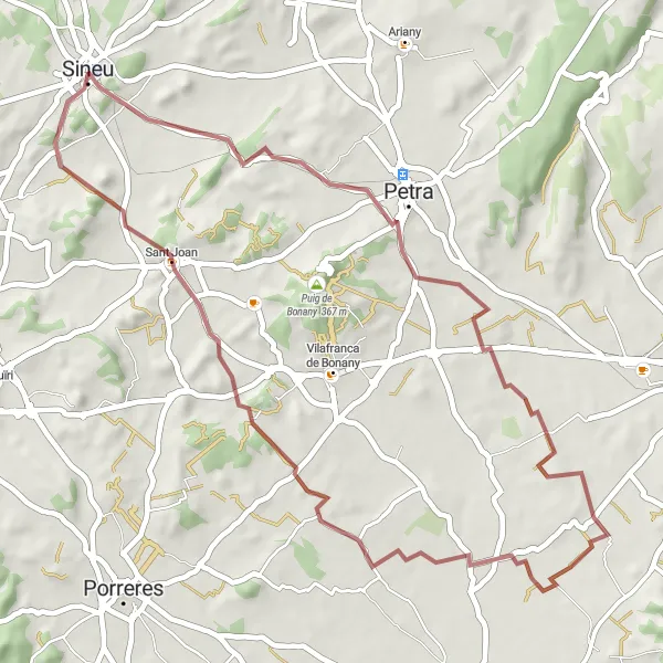 Miniatura della mappa di ispirazione al ciclismo "Rotta in gravel da Sineu a Sant Joan" nella regione di Illes Balears, Spain. Generata da Tarmacs.app, pianificatore di rotte ciclistiche