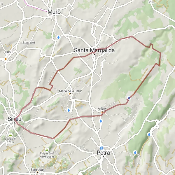 Miniatura della mappa di ispirazione al ciclismo "Avventura in bicicletta da Sineu a Ariany" nella regione di Illes Balears, Spain. Generata da Tarmacs.app, pianificatore di rotte ciclistiche