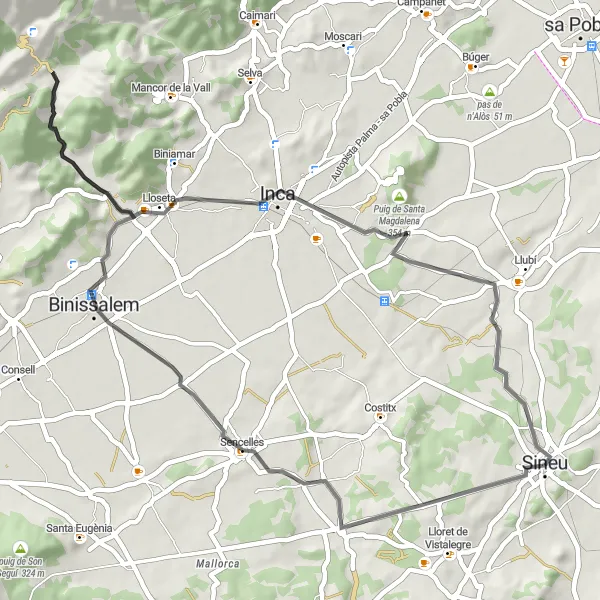 Miniatura della mappa di ispirazione al ciclismo "Percorso ciclabile da Sineu a Binissalem" nella regione di Illes Balears, Spain. Generata da Tarmacs.app, pianificatore di rotte ciclistiche