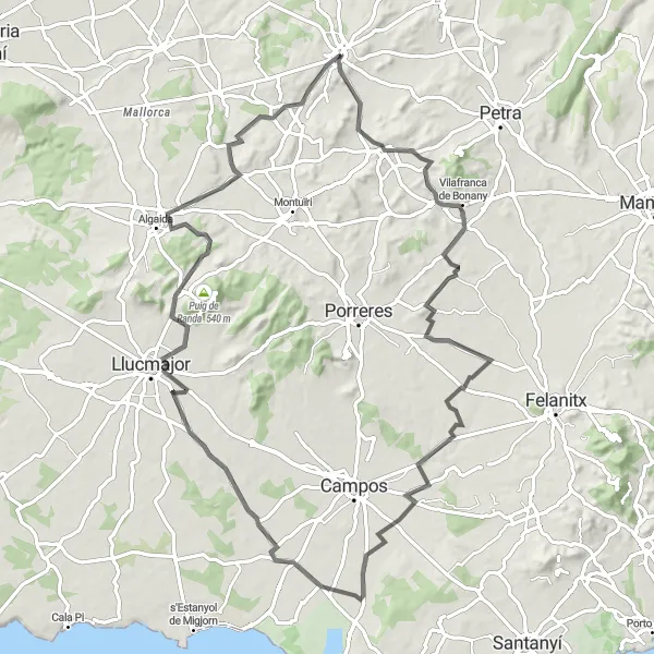 Miniaturekort af cykelinspirationen "Sineu - Es Putxet - Sant Joan - sa Sorda - Llucmajor - Puig de ses Bruixes - Algaida - Puig Moltó - Sineu" i Illes Balears, Spain. Genereret af Tarmacs.app cykelruteplanlægger