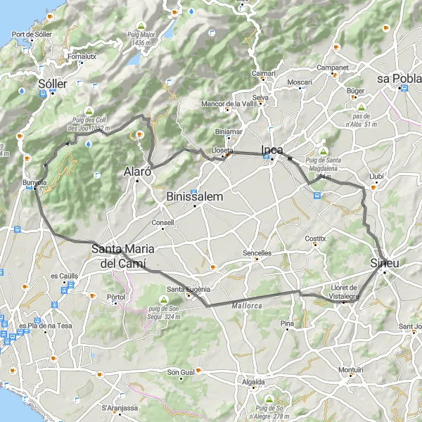 Miniatura della mappa di ispirazione al ciclismo "Giro in bicicletta da Sineu a Sineu" nella regione di Illes Balears, Spain. Generata da Tarmacs.app, pianificatore di rotte ciclistiche