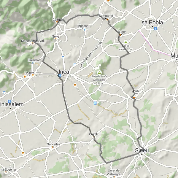 Miniatura della mappa di ispirazione al ciclismo "Giro in bicicletta da Sineu a Sineu" nella regione di Illes Balears, Spain. Generata da Tarmacs.app, pianificatore di rotte ciclistiche