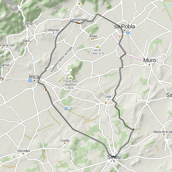 Miniatura della mappa di ispirazione al ciclismo "Giro in bicicletta da Sineu a Inca" nella regione di Illes Balears, Spain. Generata da Tarmacs.app, pianificatore di rotte ciclistiche
