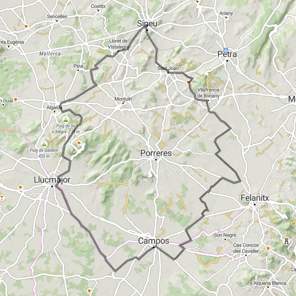 Miniatura della mappa di ispirazione al ciclismo "Tour in bici da Sineu a Lloret de Vistalegre" nella regione di Illes Balears, Spain. Generata da Tarmacs.app, pianificatore di rotte ciclistiche