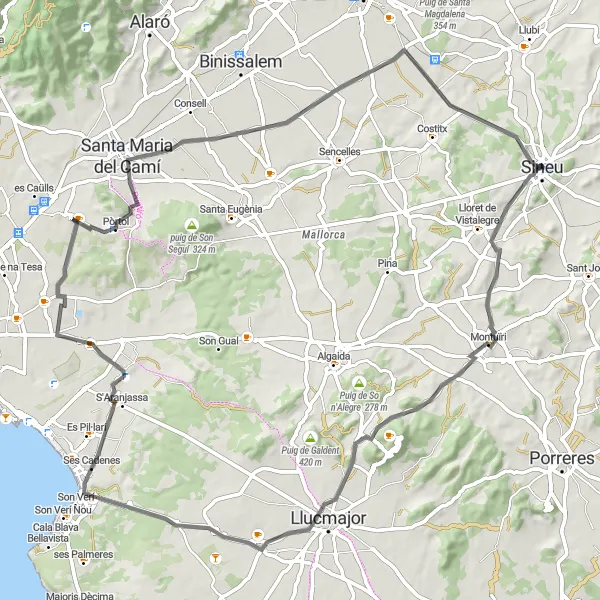 Miniatura della mappa di ispirazione al ciclismo "Road Route da Sineu" nella regione di Illes Balears, Spain. Generata da Tarmacs.app, pianificatore di rotte ciclistiche