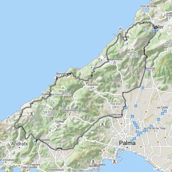 Map miniature of "Sóller loop via Coll de Sóller and Calvià" cycling inspiration in Illes Balears, Spain. Generated by Tarmacs.app cycling route planner