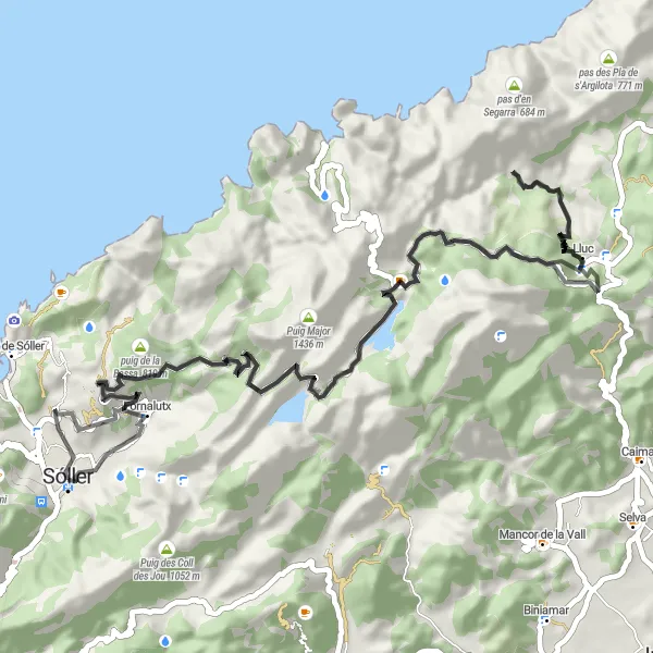 Map miniature of "Sóller to Lluc Loop" cycling inspiration in Illes Balears, Spain. Generated by Tarmacs.app cycling route planner