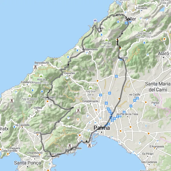 Map miniature of "Bunyola and Deià Road Cycling Route" cycling inspiration in Illes Balears, Spain. Generated by Tarmacs.app cycling route planner