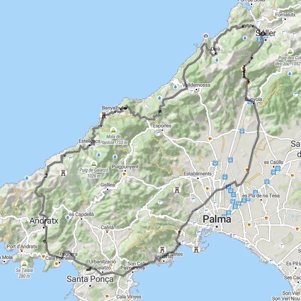 Miniatua del mapa de inspiración ciclista "Desafío ciclista de carretera a través de la isla" en Illes Balears, Spain. Generado por Tarmacs.app planificador de rutas ciclistas