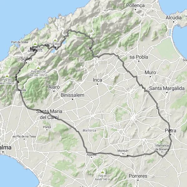 Map miniature of "Sóller and the Mountain Vistas" cycling inspiration in Illes Balears, Spain. Generated by Tarmacs.app cycling route planner