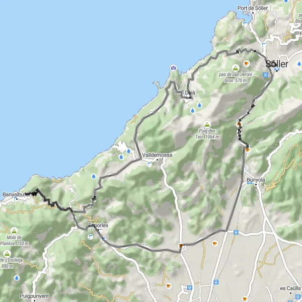 Map miniature of "Sóller to Deià Loop" cycling inspiration in Illes Balears, Spain. Generated by Tarmacs.app cycling route planner