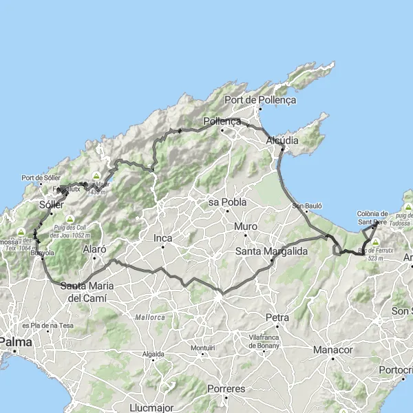 Miniatua del mapa de inspiración ciclista "Ruta de ciclismo de carretera desde Sóller" en Illes Balears, Spain. Generado por Tarmacs.app planificador de rutas ciclistas