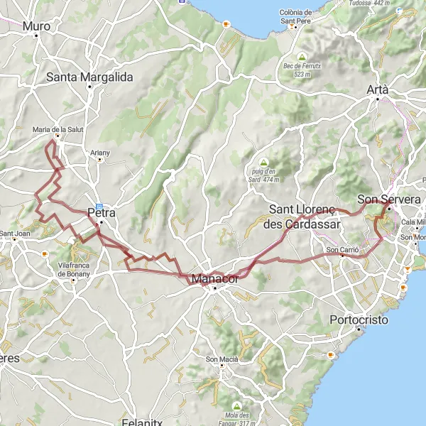 Map miniature of "Gravel Route from Son Servera to Maria de la Salut" cycling inspiration in Illes Balears, Spain. Generated by Tarmacs.app cycling route planner