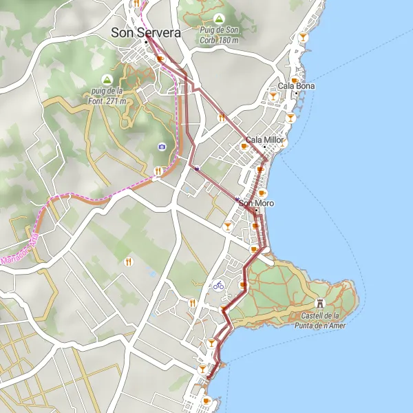 Miniatura della mappa di ispirazione al ciclismo "Breve giro in bici tra Son Servera e sa Coma" nella regione di Illes Balears, Spain. Generata da Tarmacs.app, pianificatore di rotte ciclistiche
