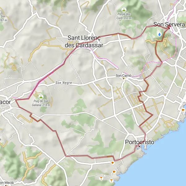 Miniatuurkaart van de fietsinspiratie "Gravel fietsroute Son Servera – Sant Llorenç des Cardassar" in Illes Balears, Spain. Gemaakt door de Tarmacs.app fietsrouteplanner