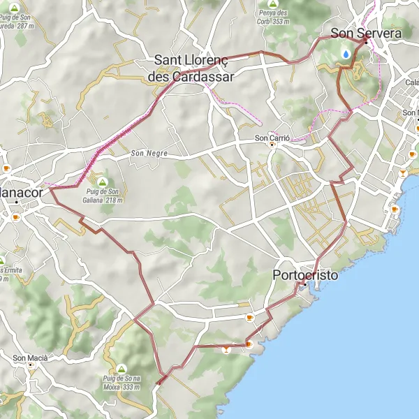 Map miniature of "Gravel Route from Son Servera to Sant Llorenç des Cardassar" cycling inspiration in Illes Balears, Spain. Generated by Tarmacs.app cycling route planner