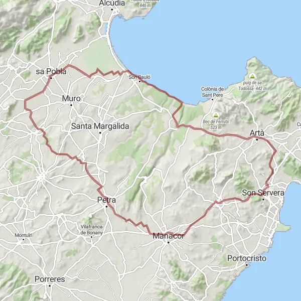 Miniatura della mappa di ispirazione al ciclismo "Giro in bici sterrato tra Son Servera e Can Picafort" nella regione di Illes Balears, Spain. Generata da Tarmacs.app, pianificatore di rotte ciclistiche