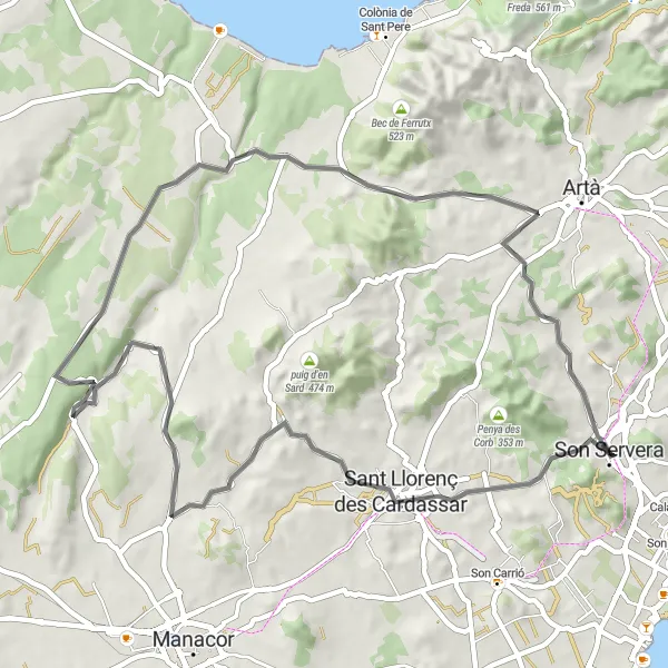 Miniatura della mappa di ispirazione al ciclismo "Giro in bici strada verso Puig de la Font" nella regione di Illes Balears, Spain. Generata da Tarmacs.app, pianificatore di rotte ciclistiche